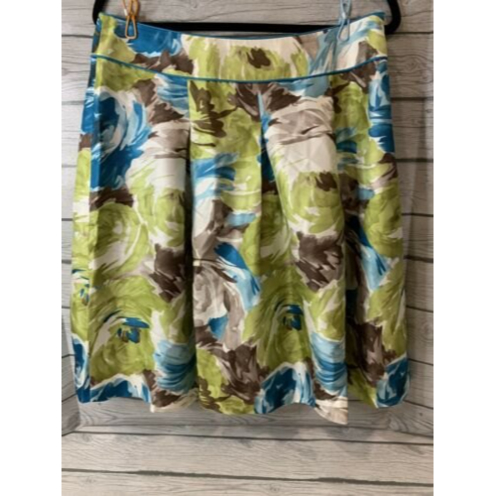 Talbots 100% Silk Small Skirt Pleated A-line Teal Floral Watercolor Green Lined